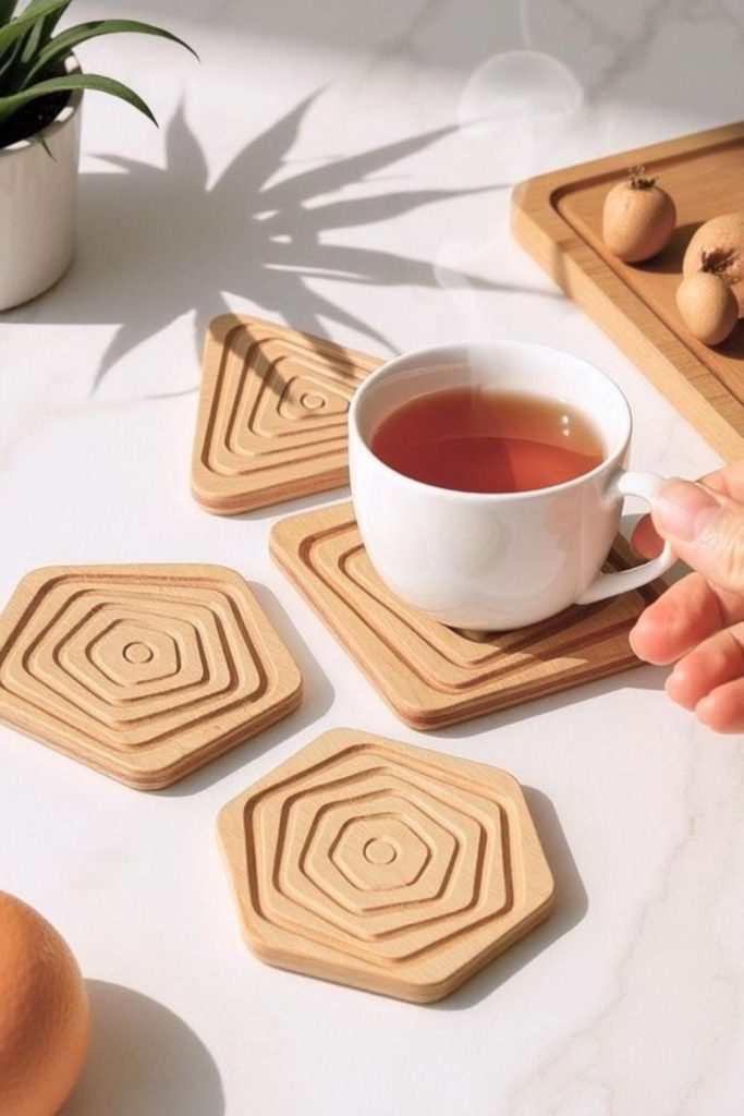 Wooden coasters in geometric playful shapes