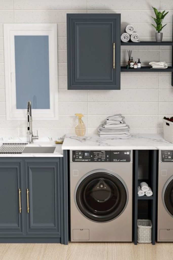 Angular sink within cuboid cabinet surfaces