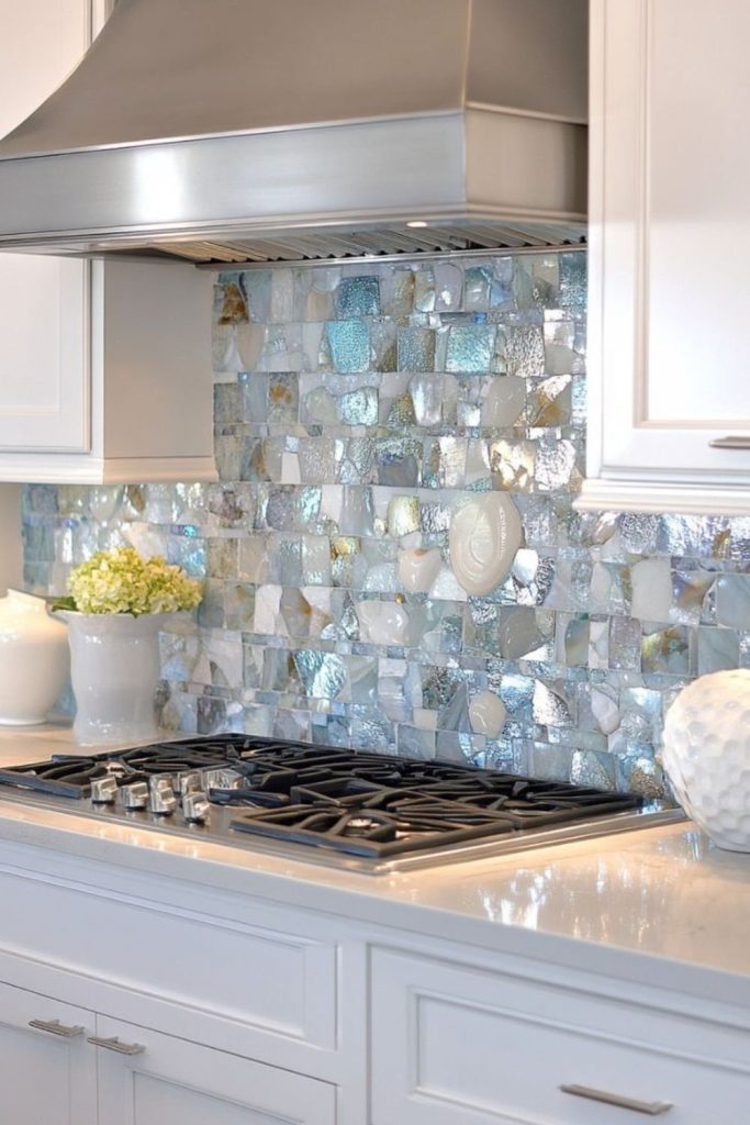 Glacier tone sea glass backsplash