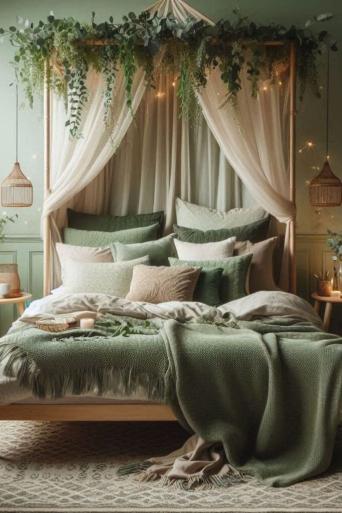 Moss green walls with scattered crystals.