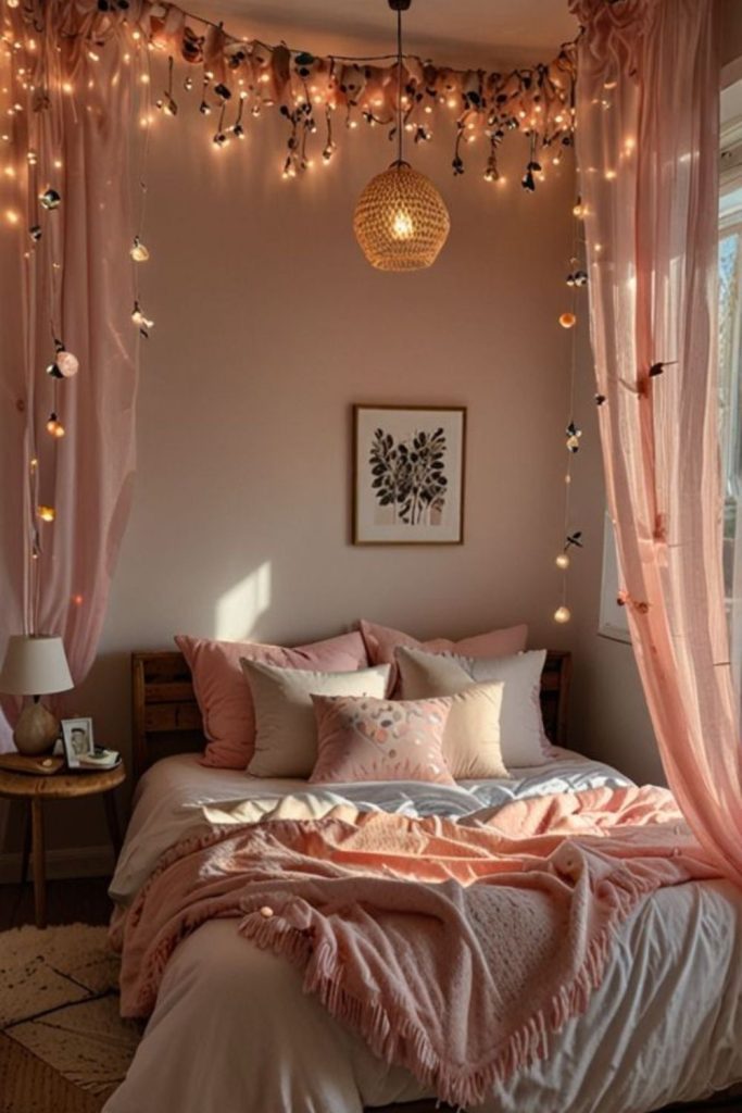 Blush floral motifs with soft lighting.