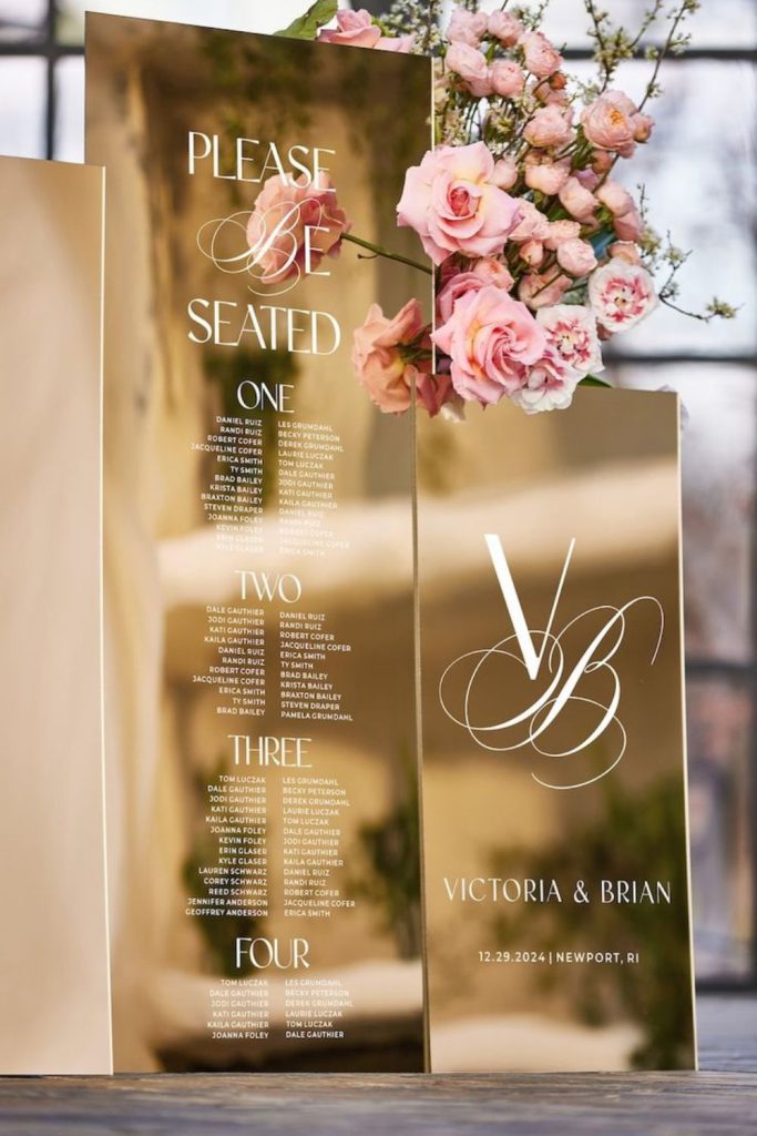 Gold leaf calligraphy elegant seating chart wall.