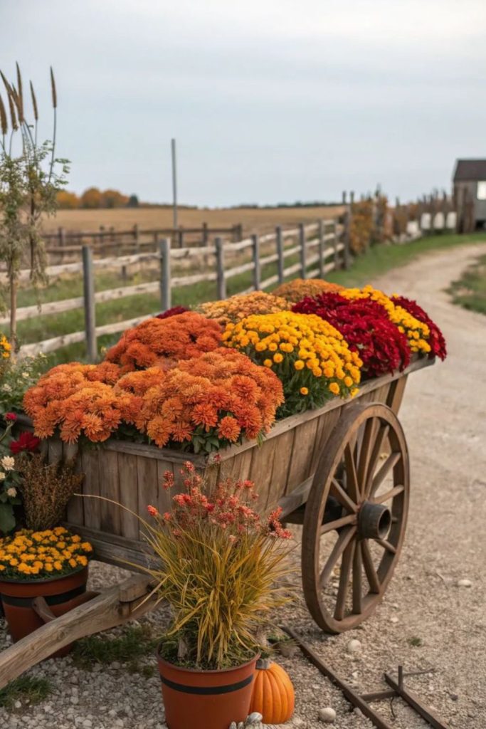 Vibrant marigolds atop aged wooden wagon