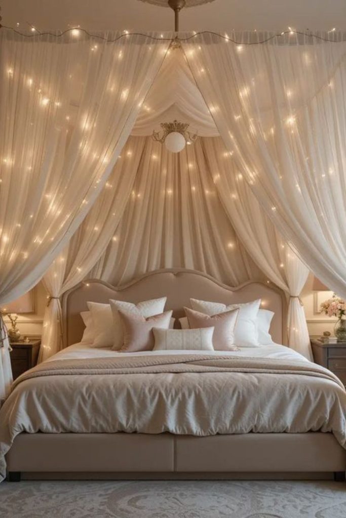 Warm rose-gold canopy with reflective tassels.