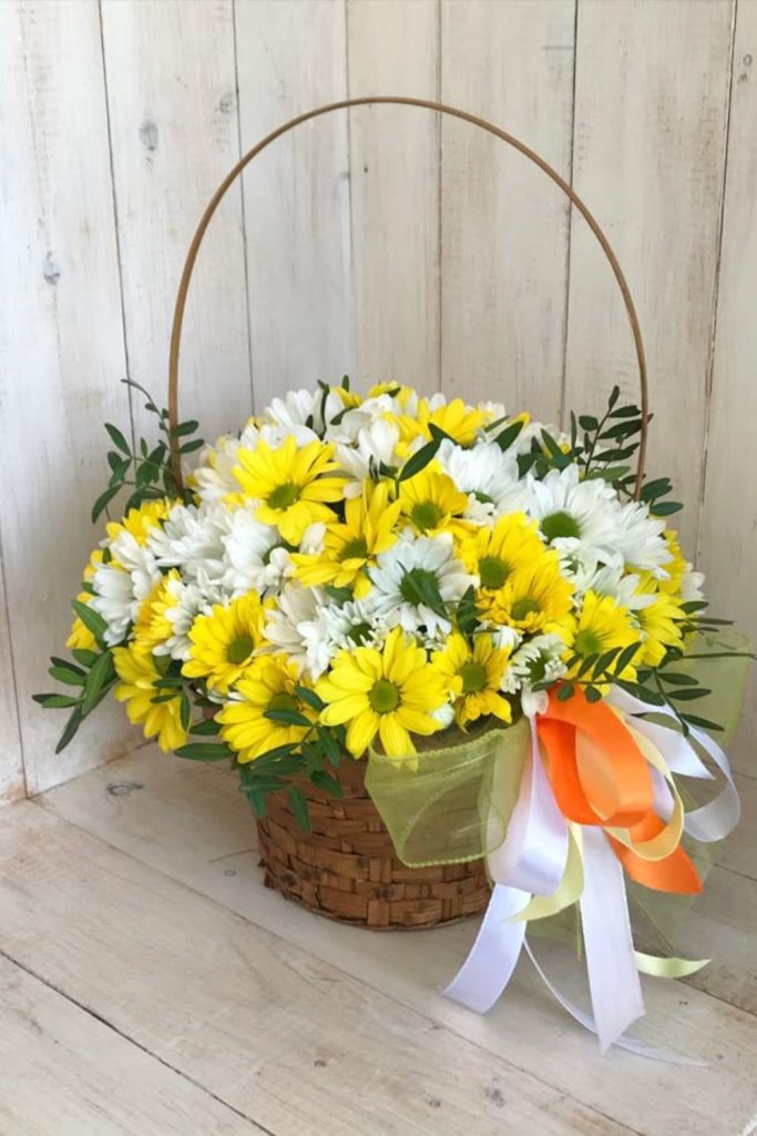 Yellow daisies in wire basket