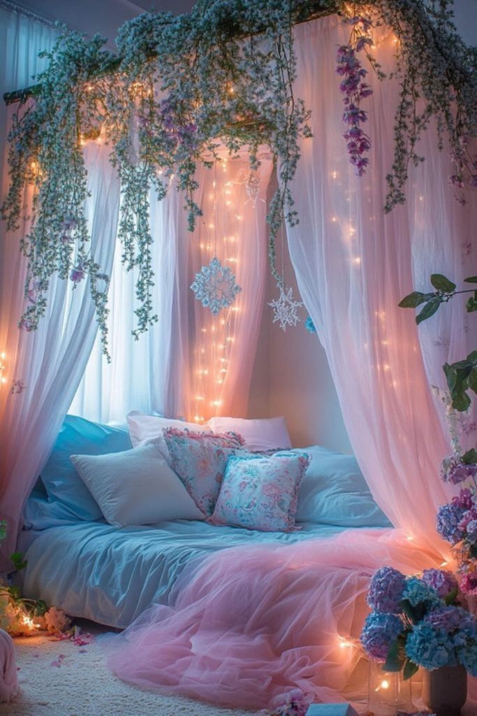 Airy pastel bedroom with floating fabrics.