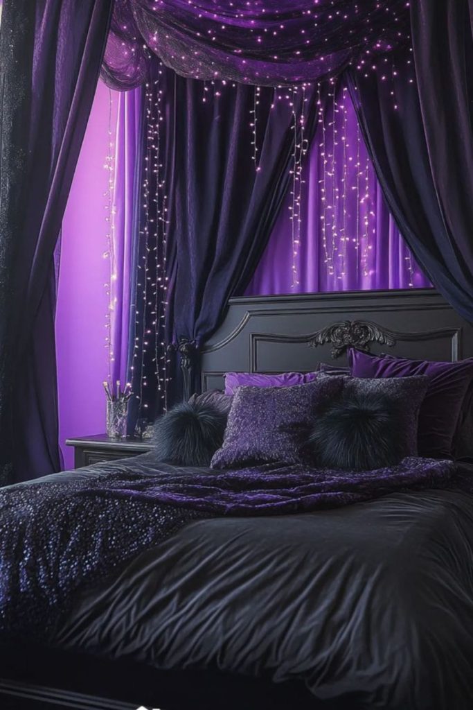 Dark carved posts with violet drapes