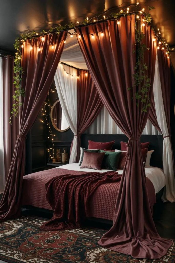 Deep crimson drapes candle flicker shadow