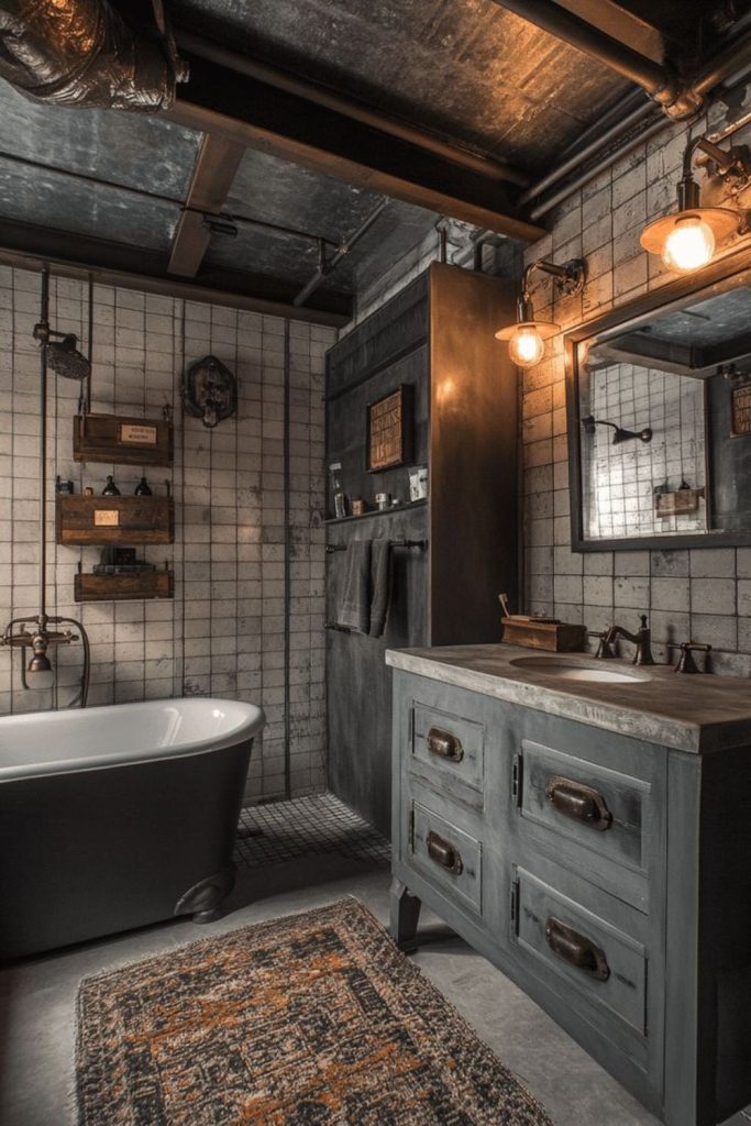 Dark graphite bathroom with industrial steel”