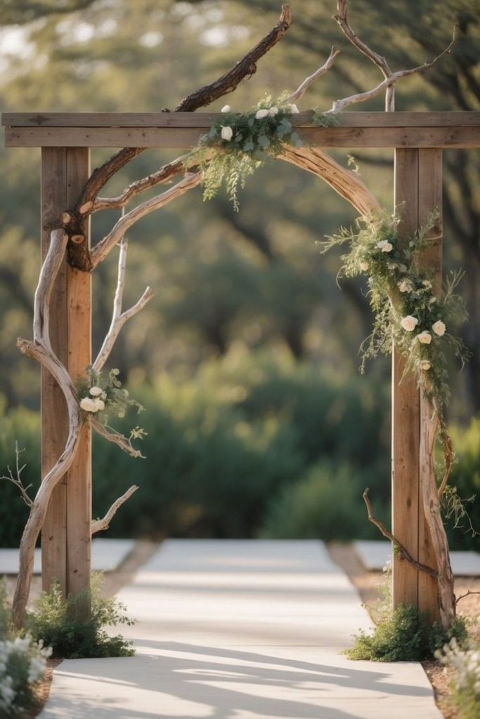 Layered wooden arches creating rustic entry.