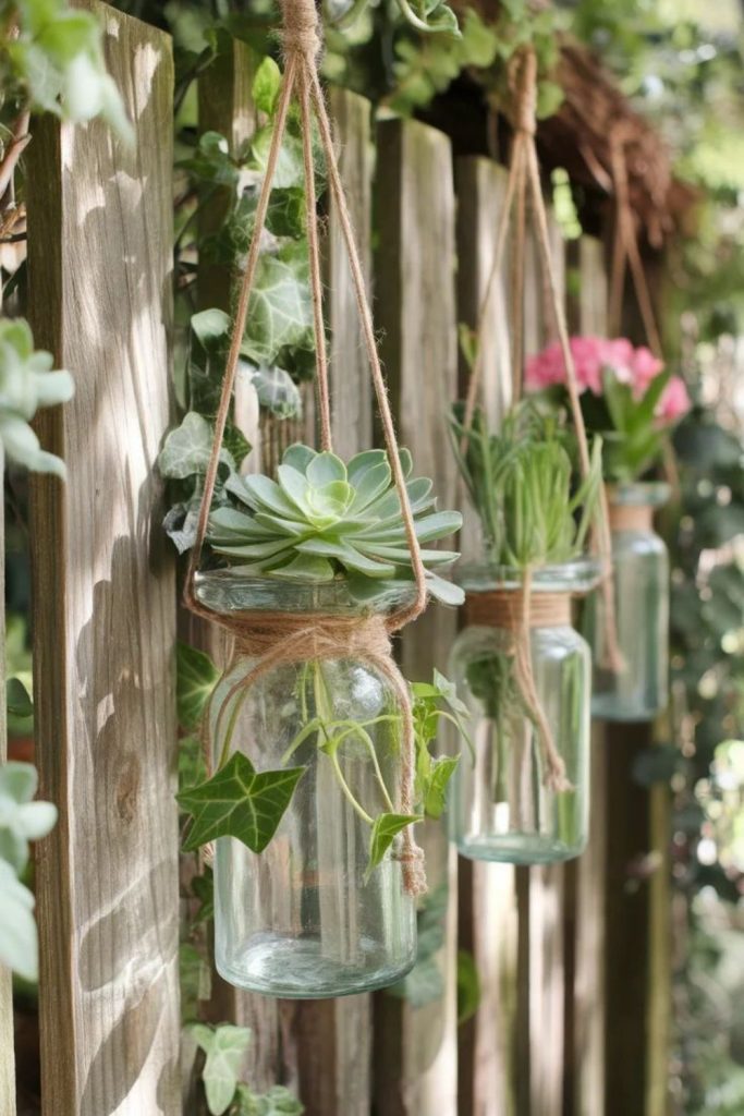 Hanging glass bottle plant display