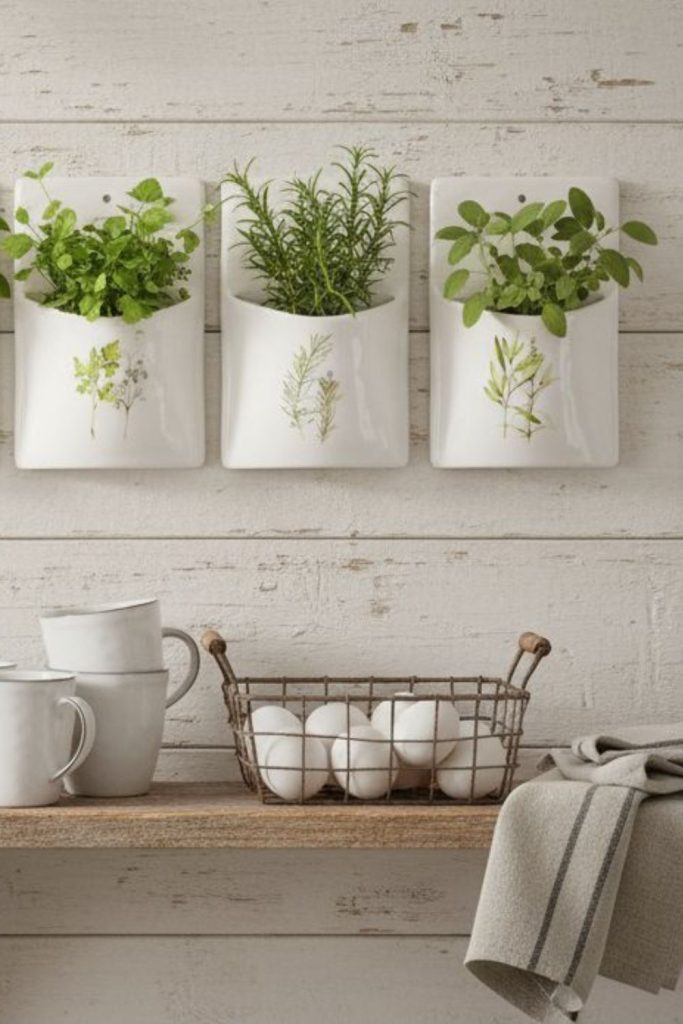 Canvas pockets holding fresh herbs hanging.