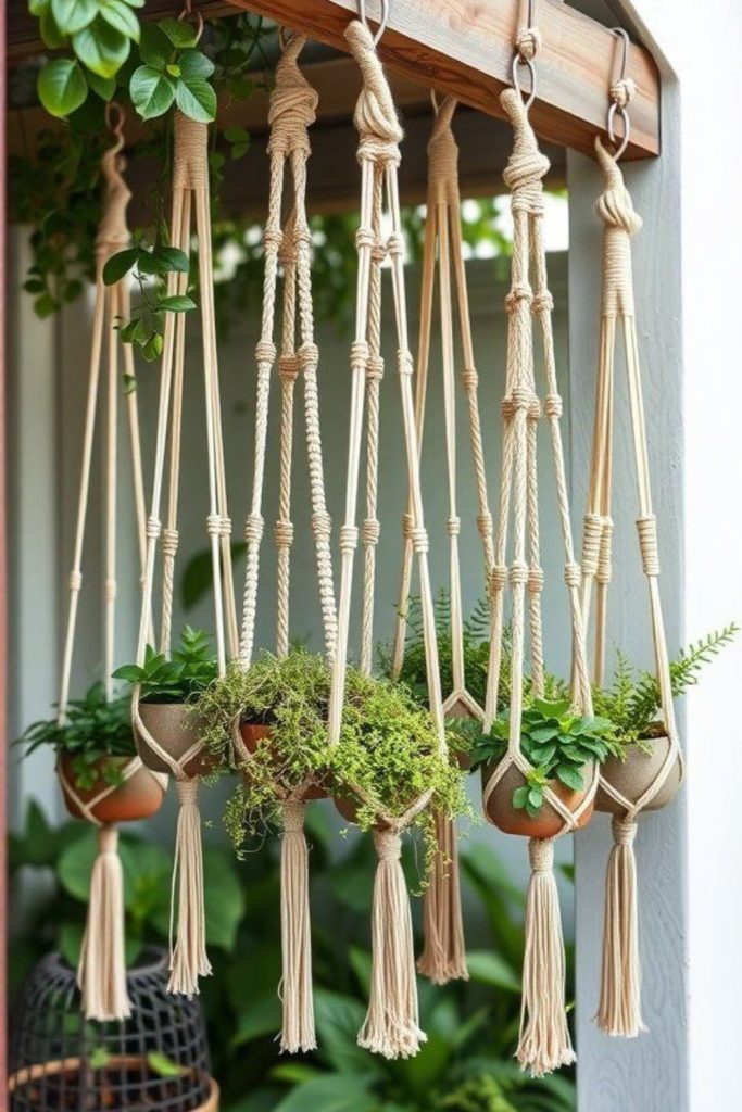 Macrame ropes suspending potted plants gracefully.