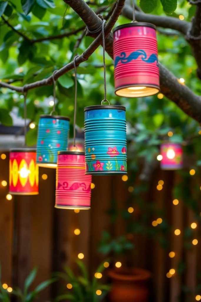 Painted tin can lantern garden lights