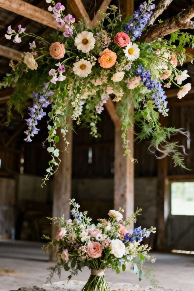 Branch chandelier holding dangling wildflower bunches.
