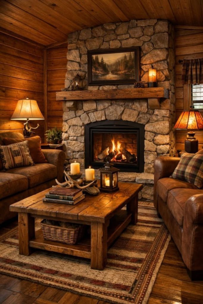 Rustic primitive cabin interior with hearth