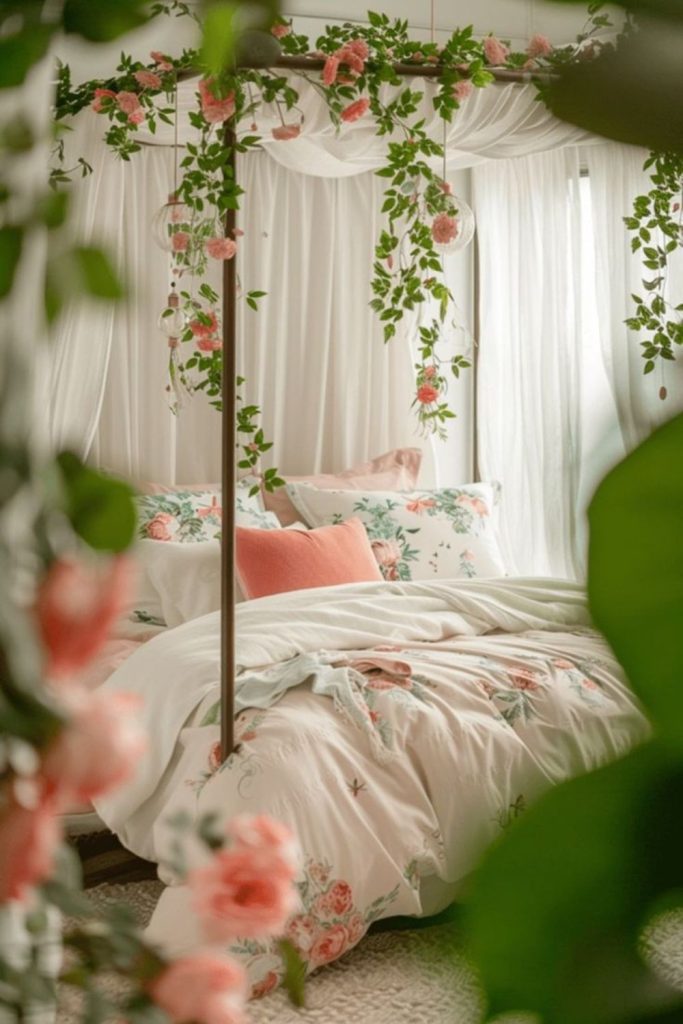 Vines climbing posts around leafy pillows