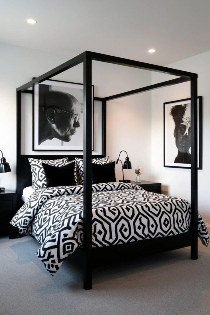 Glossy black canopy bed glam luxury style.