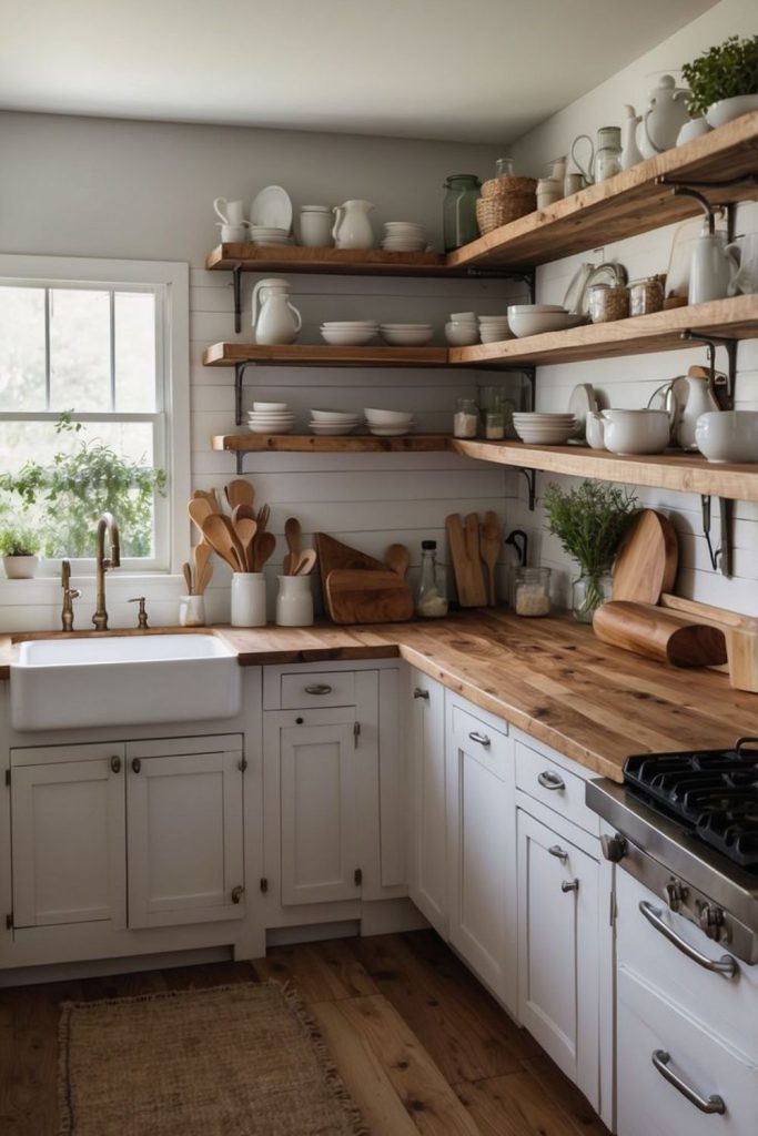 Primitive farmhouse kitchen with wooden shelves