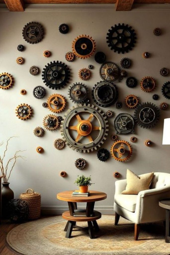 Industrial metal gears wall installation.