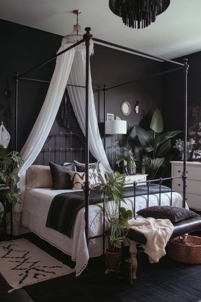 Iron frame black canopy bed industrial bedroom.