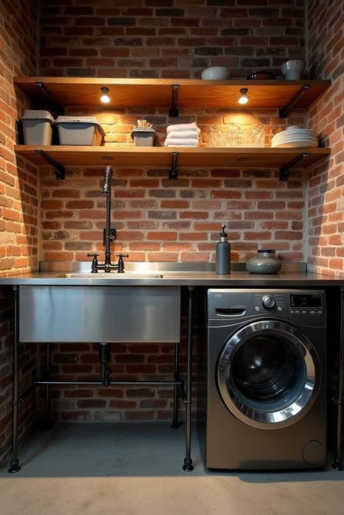 Metal sink with exposed brick walls