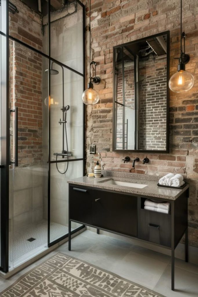 “Rustic industrial bathroom with exposed pipes”