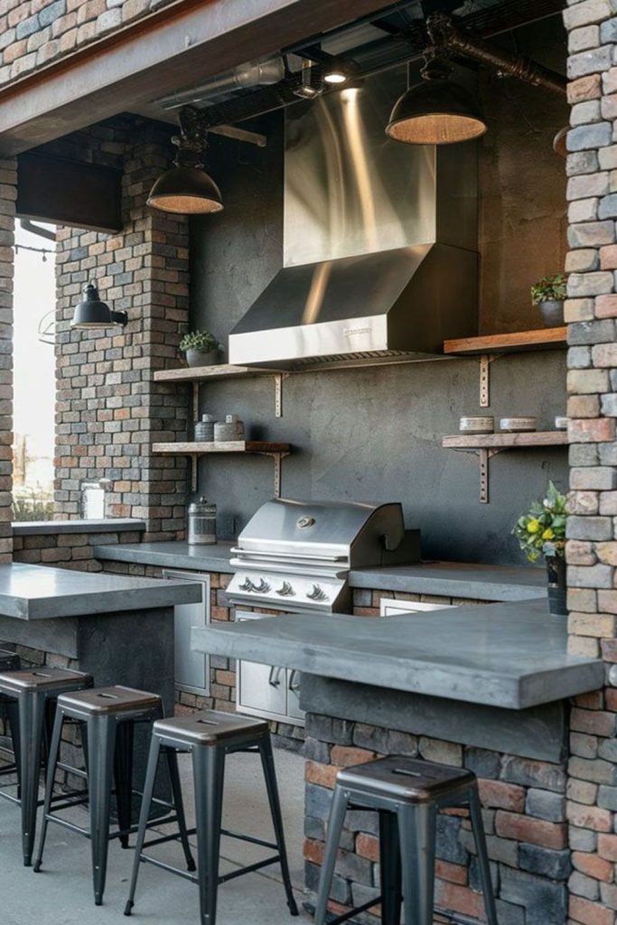 Riveted steel grill in yard
