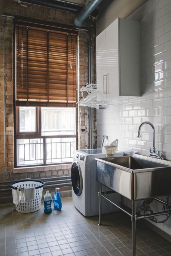 Wireframe shelving supporting metal sink basin
