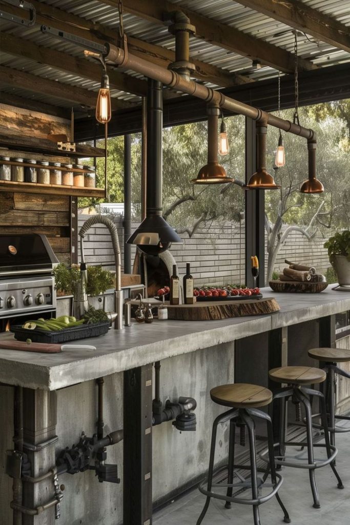 Heavy iron racks beside smoky grill