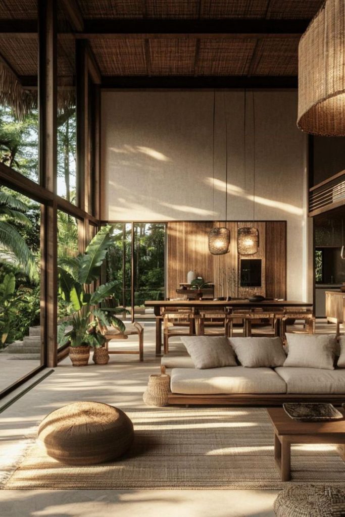 Jungle-inspired boho living room space.