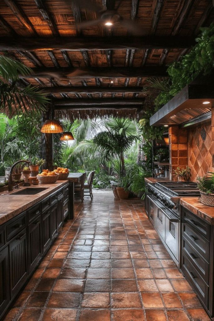 Tropical leaves canopy bamboo counters