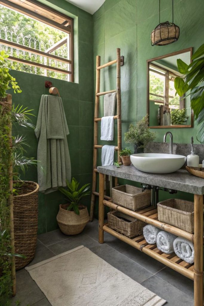 “Bathroom with jungle plants and bamboo”