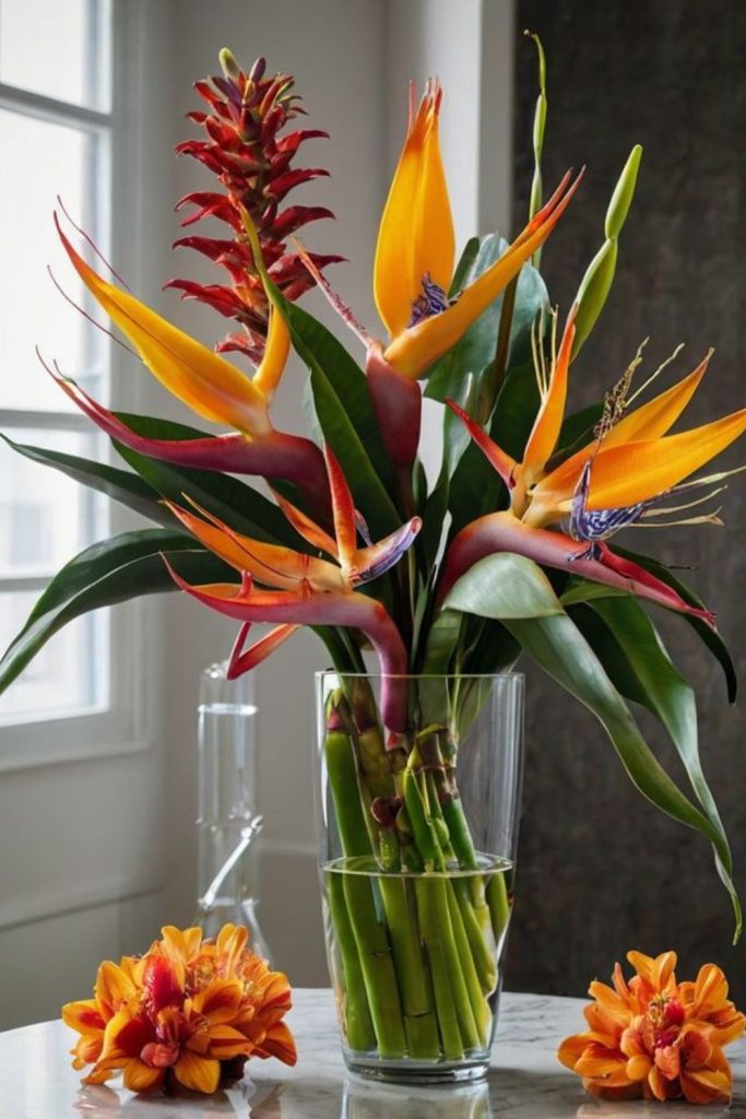 Heliconias with green ferns arrangement