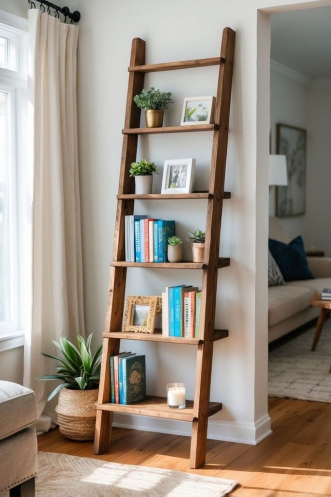 Angled wooden ladder bookshelf for storage