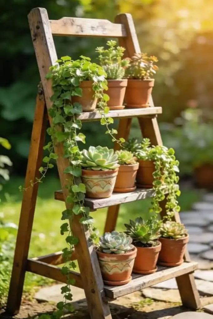 Ladder shelf with potted greenery