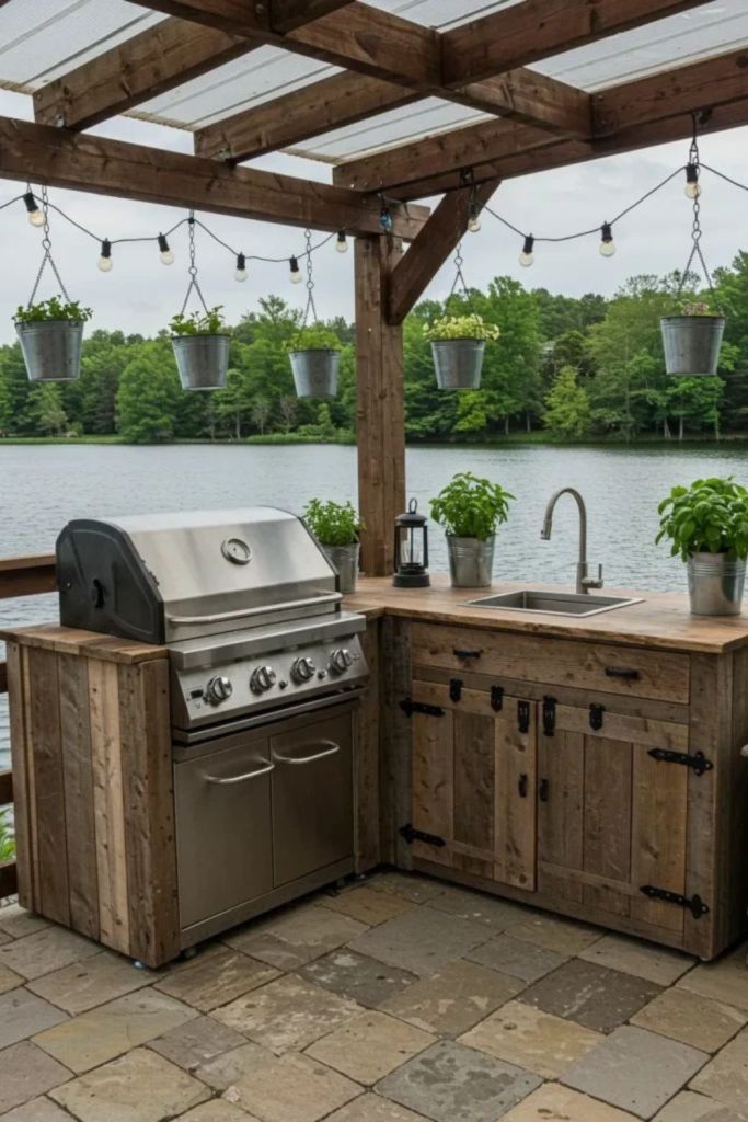 Waterfront grilling with rustic dock