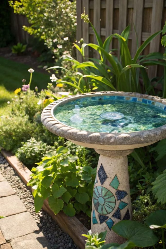 Stone bird bath with floating lanterns.