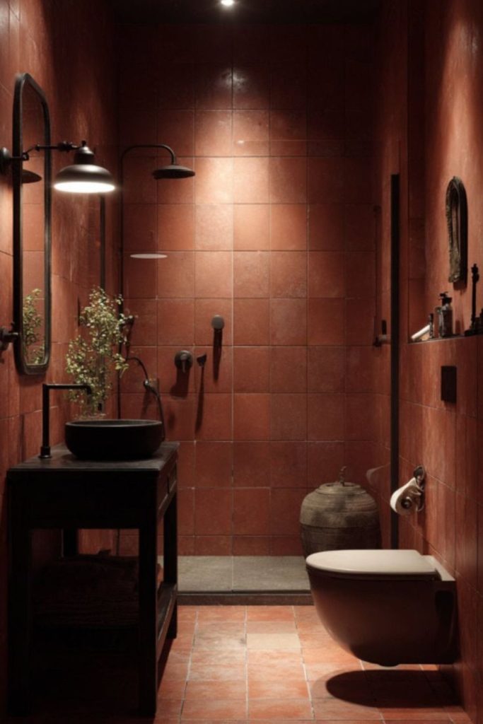 “Red lava stone bathroom with warmth”