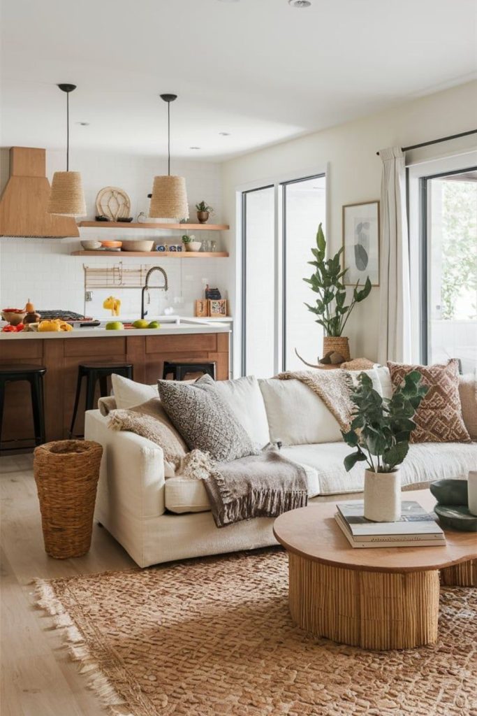 Boho loft with layered rugs and cushions.