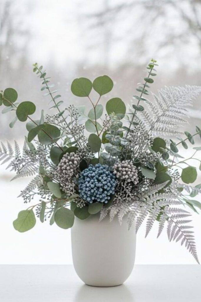 Silver eucalyptus with midnight-blue hydrangeas