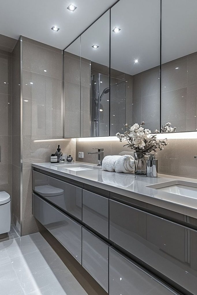 “Silver gray bathroom with misted lighting”