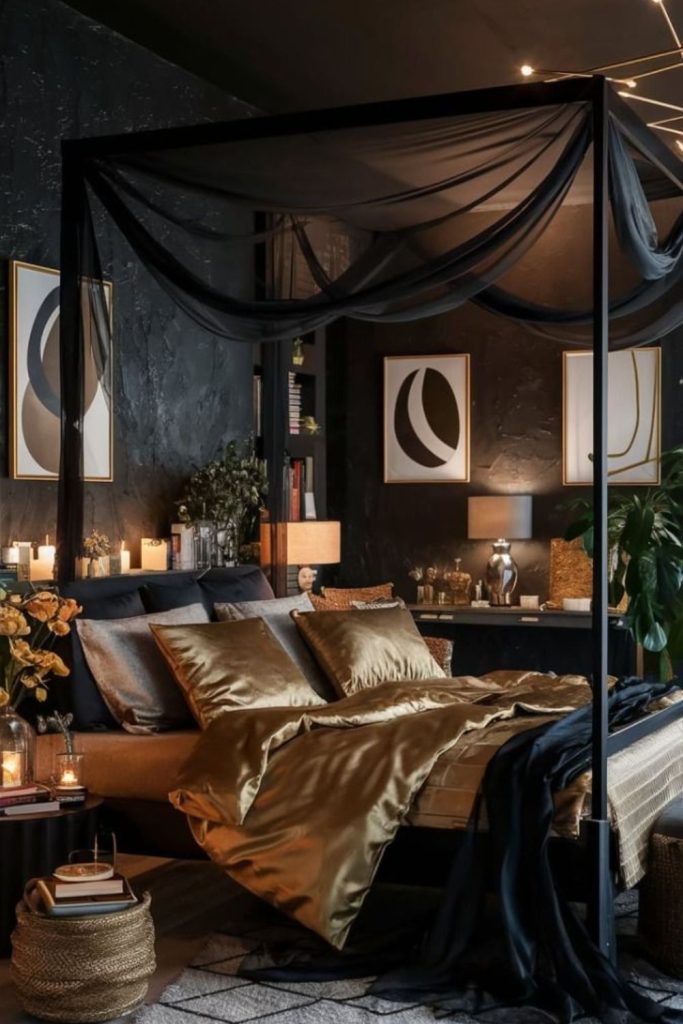 Luxury hotel style black canopy bed setup.