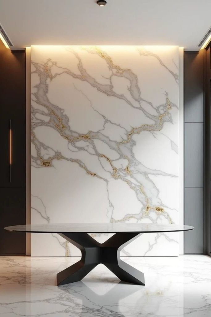 Polished marble slab wall feature.