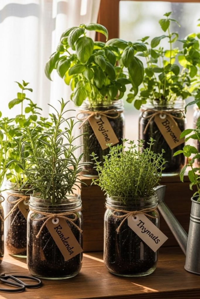 Mason jar indoor herb garden