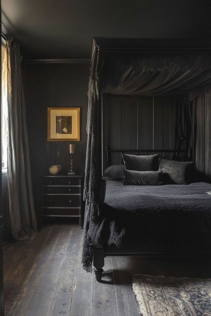 Minimal matte black canopy modern bedroom design.
