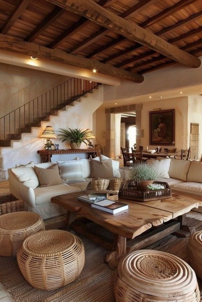 Mediterranean living room with sunlit warmth.