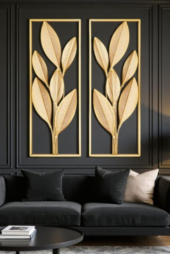 Hammered metallic leaf wall panels.