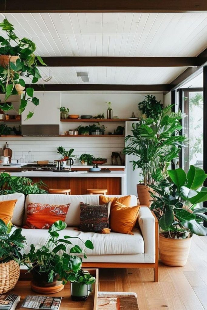 Mid-century living room with lush plants.