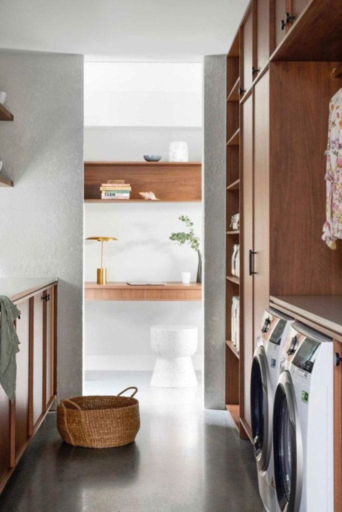 Mid-century laundry room walnut cabinets retro